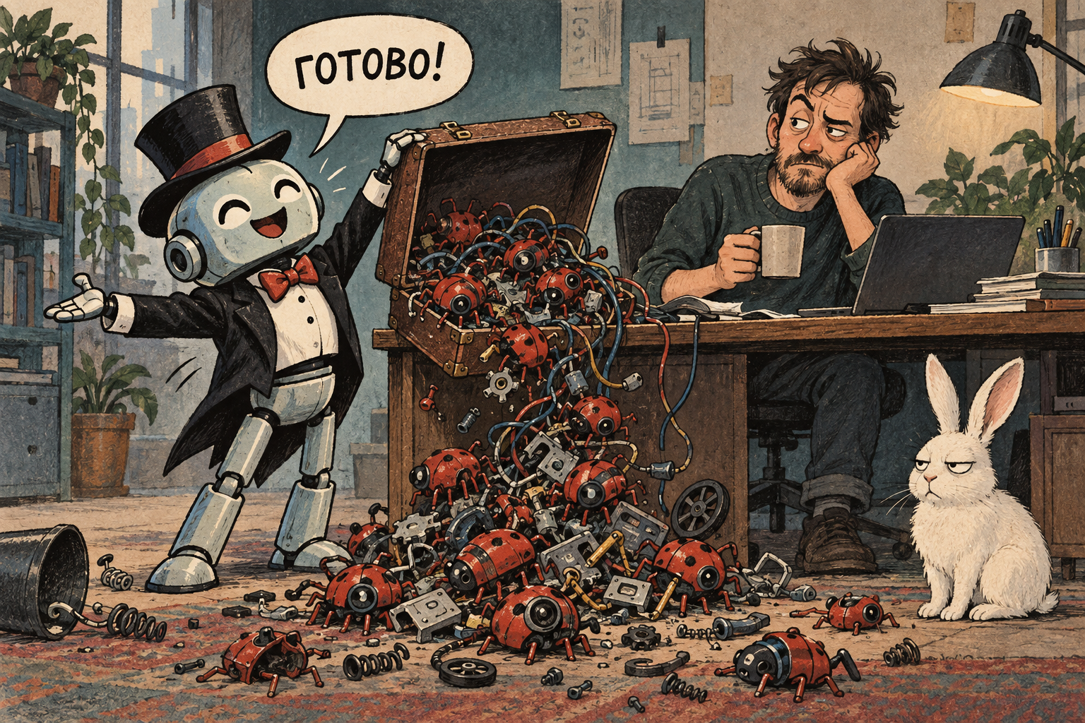 Робот-фокусник объявляет «Готово», а из чемодана сыплются баги. Кролик тоже не впечатлён.